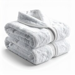 Stack Of Two Clean White Bath Towels Folded Neatly Against A White Background With Soft Shadow
