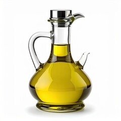 Clear Glass Bottle with Handle Filled with Golden Olive Oil Against a White Background