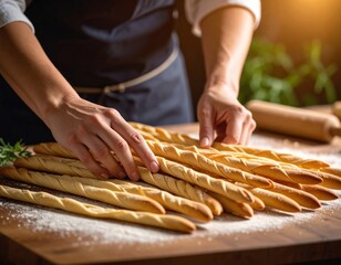 Baker Arranging Golden Brown Breadsticks Sprinkled With Sesame Seeds On A Wooden Board With Scattered Flour And Rosemary Sprig Warm Sunlight Illuminates The Scene With A Dark Blurred Background