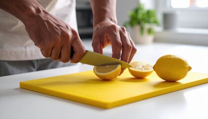 Close Up Of Man S Hands Cutting Yellow Lemons On A Bright Yellow Cutting Board In A Modern Kitchen