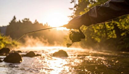Person Fishing in a Misty River at Sunrise with Golden Sunlight and Lush Green Trees
