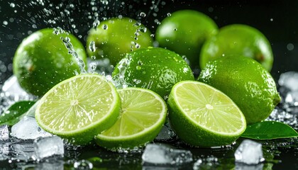 Fresh Green Limes With Water Splash And Ice Cubes On Black Background Detailed Close Up Macro Photography