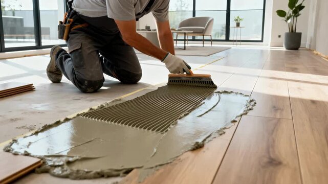 Medium shot of worker spreading biodegradable adhesive on floorboards in a welllit modern room emphasizing allergysafe flooring installation.