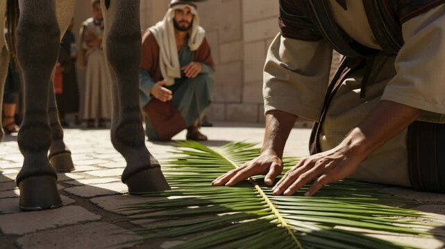 Close-up of hands placing a palm branch on the ground near a donkey's hooves. Biblical reenactment of Palm Sunday and Jesus' entry into Jerusalem. Religious Easter concept