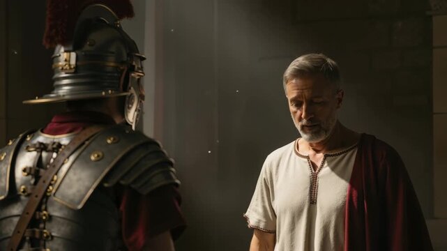 Apostle Paul speaking to a Roman soldier in a prison cell. Biblical scene of the saint preaching to a guard with dramatic lighting. Historical religious concept