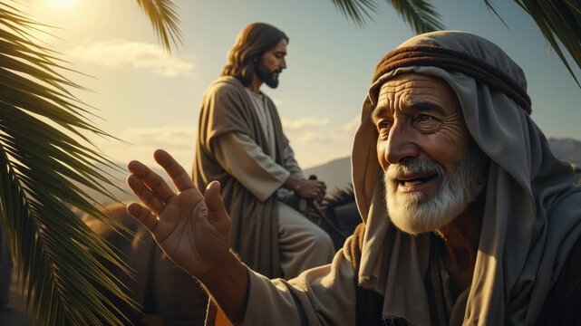 Jesus Christ riding a donkey on Palm Sunday with an elderly believer watching. Biblical Triumphal Entry into Jerusalem with palm branches. Christian Easter background