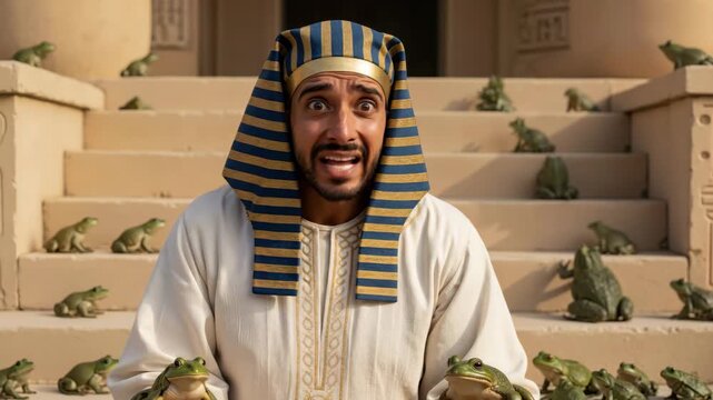 Egyptian Pharaoh shocked by the second plague of frogs. Distressed man in traditional headdress sitting on temple steps surrounded by amphibians. Biblical story from Exodus