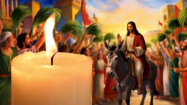 Lit candle in foreground with blurred background of Jesus on Palm Sunday. Triumphal entry into Jerusalem illustration with crowd waving palms. Religious Easter concept