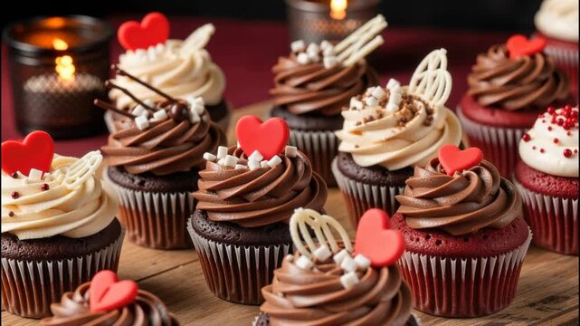 Chocolate cupcakes with red hearts for Valentine's Day. Assorted sweet desserts with frosting on a wooden table with candlelight. Romantic celebration concept