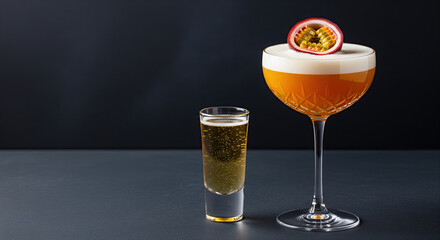 pornstar martini cocktail with prosecco and copy space for text