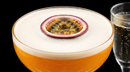 close up of pornstar martini cocktail with passion fruit garnish and prosecco on a black background