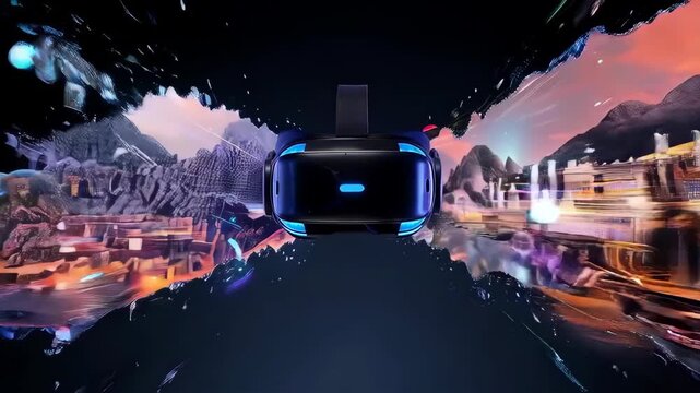 Virtual Reality Headset in Futuristic Landscape.