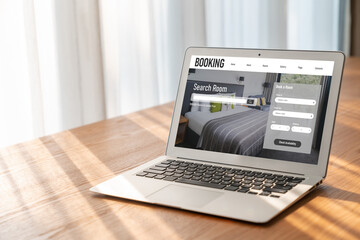 Online hotel accommodation booking website provide modish reservation system . Travel technology concept .