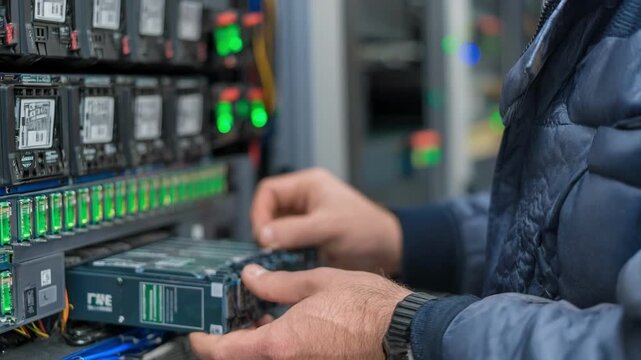 Engineer replacing batteries in UPS backup power system ensuring uninterrupted data protection during power outages in modern server room.