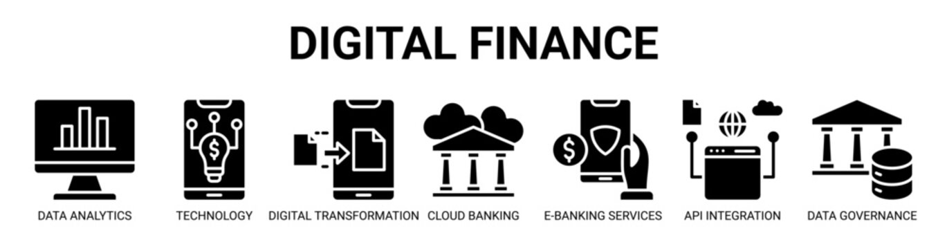 Digital Finance web banner icon vector illustration concept with icon of data analytics, financial technology, digital transformation, cloud banking, e-banking services, api integration, and more.