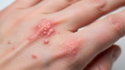 Close-up view of a hand showing severe red patches and blisters indicative of a skin condition or allergy.