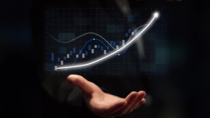 A businessman showcases a futuristic digital graph, representing the rise of data trends and financial analytics, embodying success and growth in the business sector. Copula - Powered by Adobe
