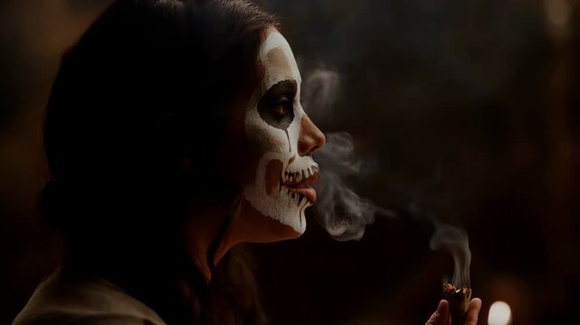 Woman with skull makeup praying amidst copal incense smoke in slow motion.