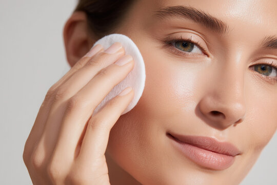 Beautiful young woman with smooth skin cleansing her face with a cotton pad