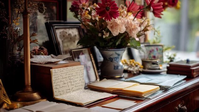 Personal touches displayed at a home funeral including handwritten notes favorite belongings and soft natural light in the background.