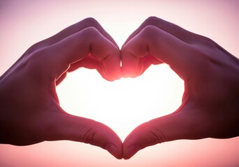 Obraz premium Close Up Of A Man's Hands Forming A Heart Shape Together Against A Soft Pink Blurred Background Scene