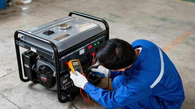 Technician inspects a portable generator during routine backup power testing to ensure emergency readiness and reliable energy supply in critical situations