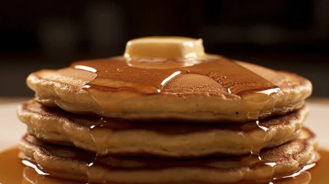A continental breakfast stack of golden pancakes topped with melting butter and dripping maple syrup.