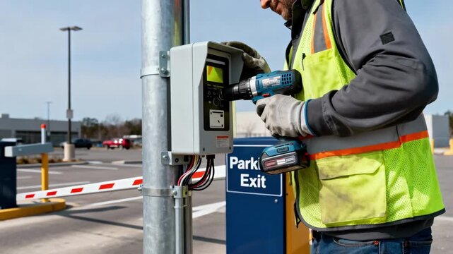 Medium shot of a worker mounting a ticket dispenser at a parking area exit demonstrating the installation of automated ticketing machines for streamlined vehicle flow.