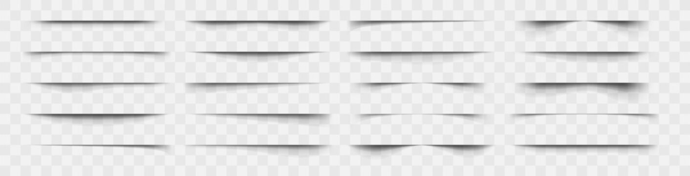 Realistic page shadow effect set. Horizontal overlay shadow for sheet, card, flyer, packing, banner on transparent background, vector illustration