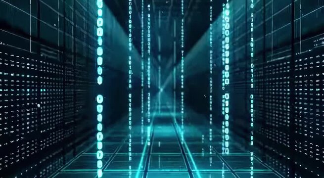 Futuristic digital corridor with flowing binary code and illuminated pathways, showcasing continuous movement through a high-tech environment with glowing data streams