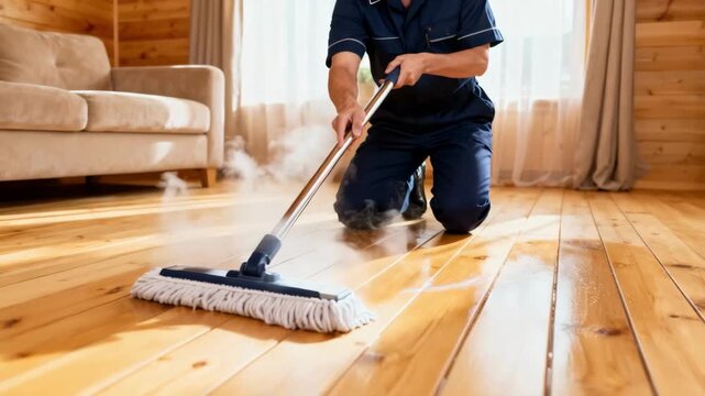 Medium shot of a cleaner using a mop to sanitize cabin floorboards highlighting attention to detail and crisp cleanliness in a warm inviting environment.