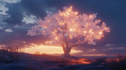Glowing, ethereal tree in a desert landscape at sunset.  Soft, warm light emanates from the tree's branches and leaves, creating a mystical and otherworldly scene