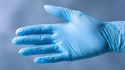Hand with blue medical glove making signs