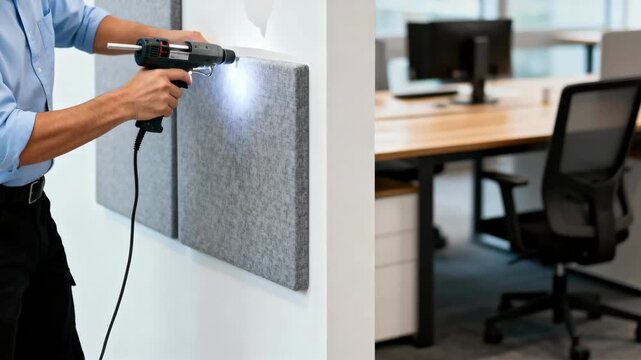 Worker secures fabricwrapped acoustic panels in a modern office to create a quieter workspace and minimize sound reflections.