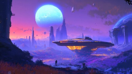 Vast alien landscape bathed in vibrant hues, with a massive spaceship resting amidst futuristic structures.  Two figures walk across the foreground, towards the colossal craft