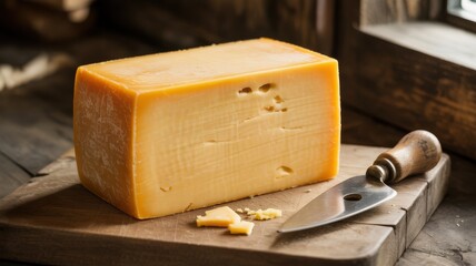 Aged Cheddar Cheese Block on Rustic Wooden Board with Knife in Warm Cozy Lighting for Gourmet Recipes