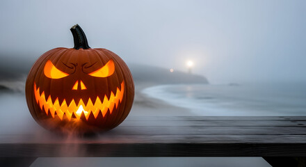 Spooky halloween pumpkin on a foggy night with a full moon
