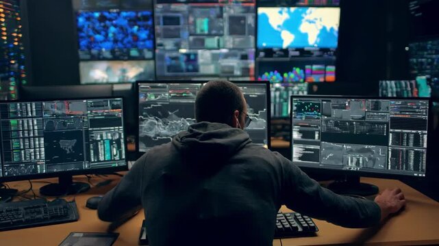 Medium shot of a cybersecurity crime unit analyzing complex data patterns on multiple screens to track digital fraud activities in a secure office environment.