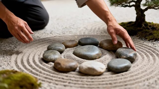 Medium shot capturing the process of arranging smooth landscaping rocks for a zeninspired garden feature showcasing harmony and tranquility.