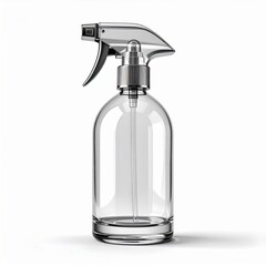 Clear Glass Spray Bottle With Silver Metal Trigger Sprayer and Transparent Liquid Isolated on White Background Studio Lighting