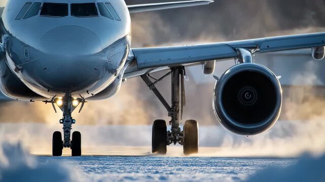 Medium shot of lowtoxicity deicing spray gently melting ice on airplane wings highlighting safe use for ecosystems and ground personnel.