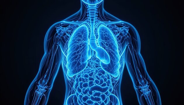 Illuminated representation of human internal organs and skeletal structure shown with bright blue light against a dark background