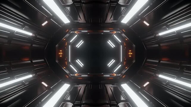 Abstract High-Tech Spaceship Corridor Loop. Dark Futuristic 3D Render of an Illuminated Metallic Tunnel or Quantum Portal Traveling Through Cyberspace.