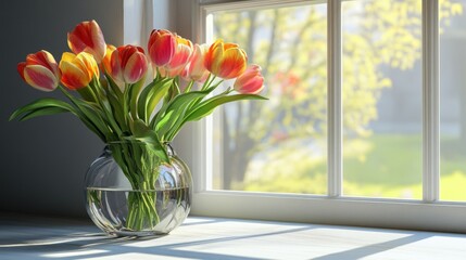 Spring tulips in a clear vase on a windowsill