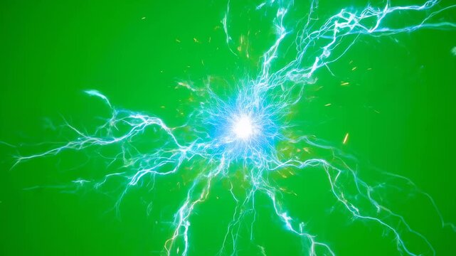 Growing blue energy ball and branching electrical lightning storm effect on a green screen for digital composition