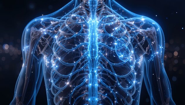 Illuminated biological structure displays intricate network of interconnected neural pathways across the torso and shoulders
