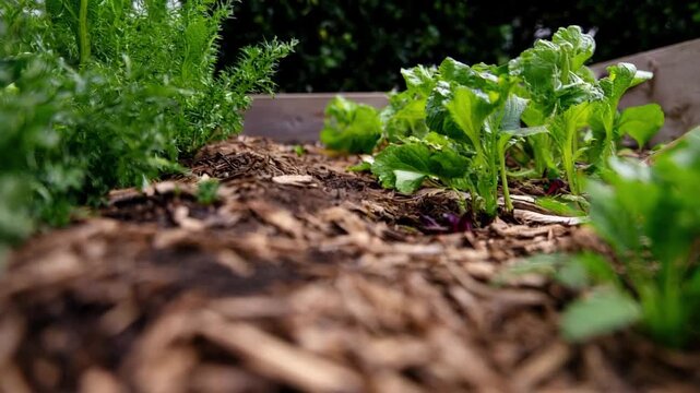 Medium shot of garden soil covered with natural mulch showcasing ecofriendly weed suppression without chemicals in a sustainable gardening setting.