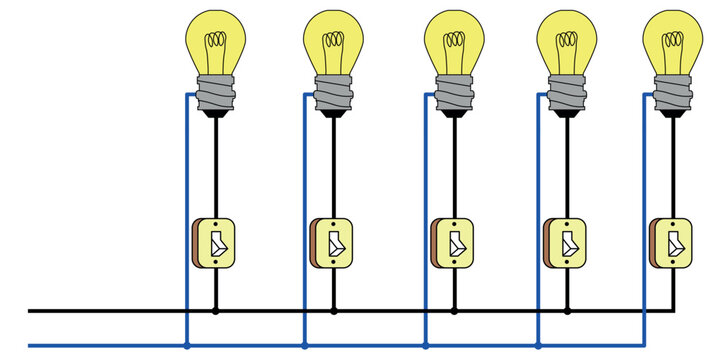 Five Light Bulbs With Blue Wiring And Switches In Parallel Circuit Diagram
