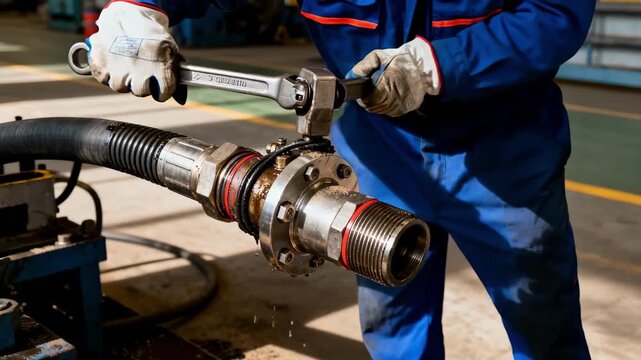 Technician securing a highpressure hose in a commercial setting emphasizing industrial connectors and heavyduty fittings for maximum durability.
