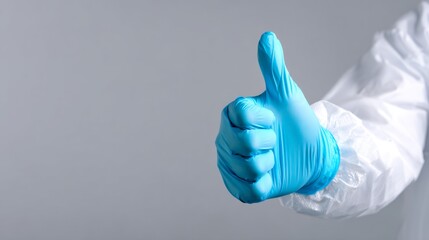 Hand with blue medical glove making signs